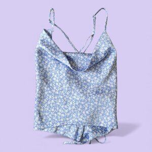 Garage Blue Floral Satin Lace-Up Cami Top P/S Y2K Coquette Style